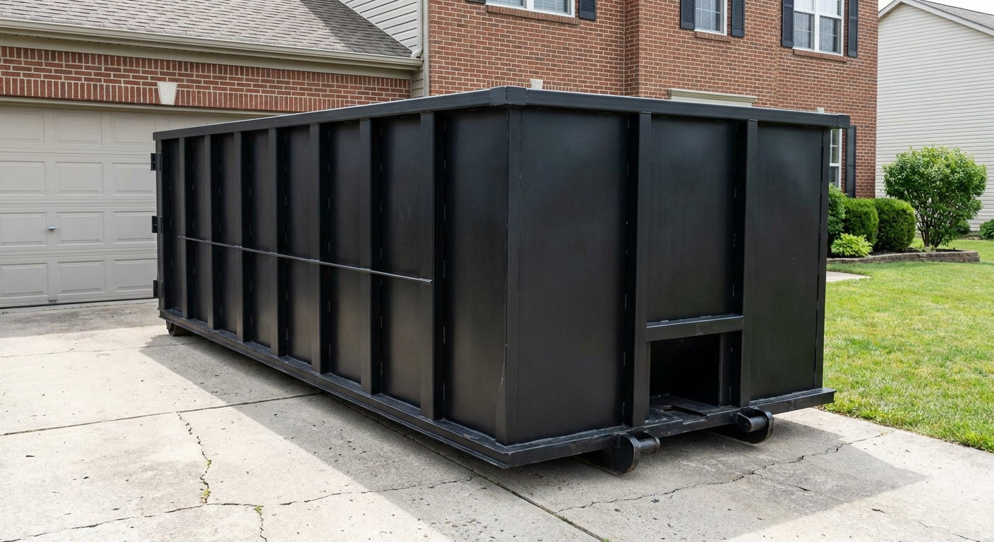 Matte-black 20-yard roll-off container on a Fort Lauderdale residential concrete driveway with reinforced ribbed steel sidewalls and a hinged rear walk-in door, clean bright daylight.