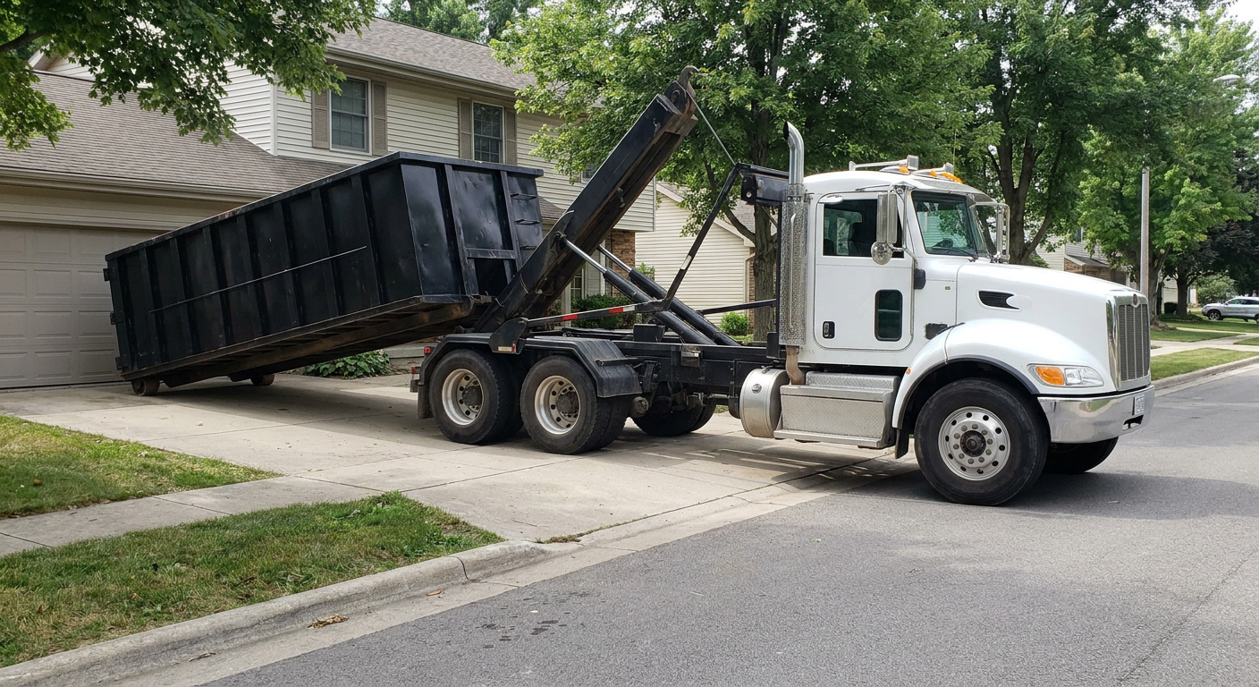 White-cab hooklift roll-off truck actively lowering a matte-black dumpster onto a Fort Lauderdale residential concrete driveway, the dumpster's rear wheels touching the driveway as the hoist arm tilts the bed forward, mid-morning daylight.